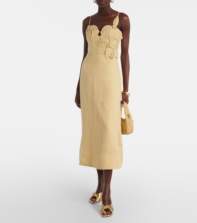 FARM Rio Sand floral-appliqué linen midi dress