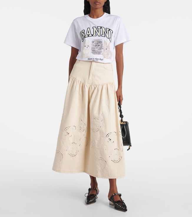 GANNI Broderie anglaise gathered denim skirt