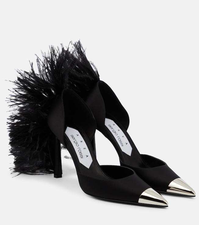 Area x Sergio Rossi Amazona feather-trimmed denim pumps