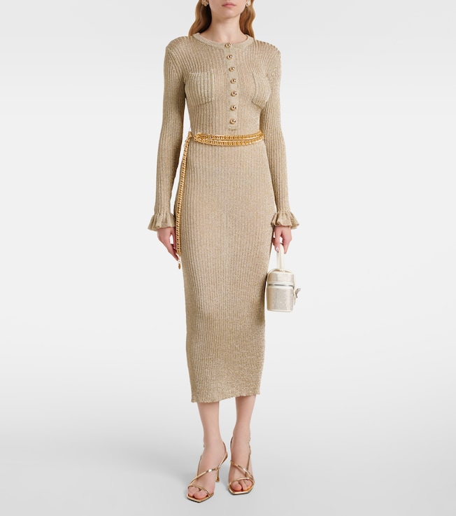 self-portrait Ribbed-knit lamé midi dress