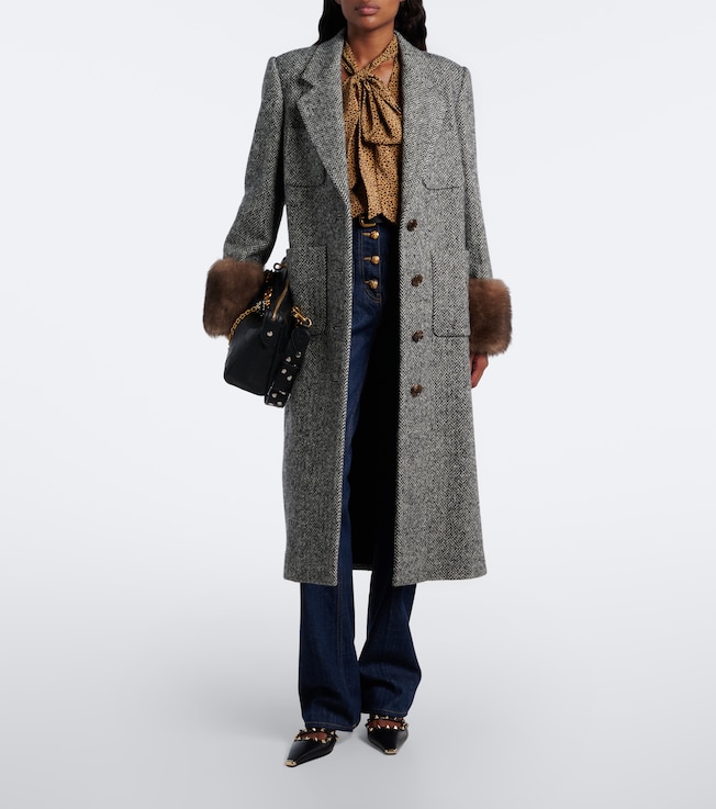 Valentino Garavani Valentino Garavani Herringbone shearling-trimmed wool-blend coat