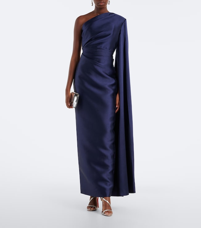 Solace London Veya pleated one-shoulder satin gown
