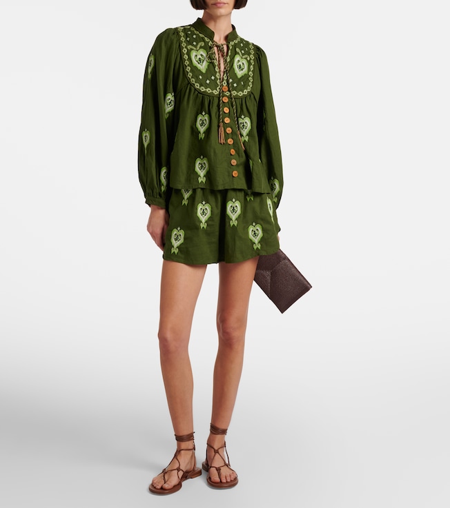 FARM Rio Embroidered linen-blend blouse