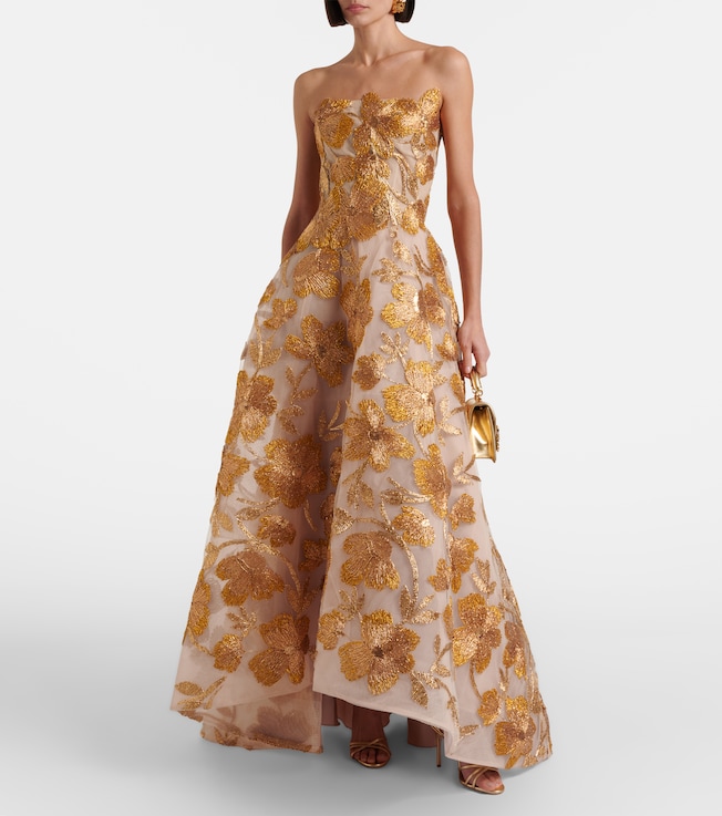 Monique Lhuillier Embroidered strapless raffia-blend gown