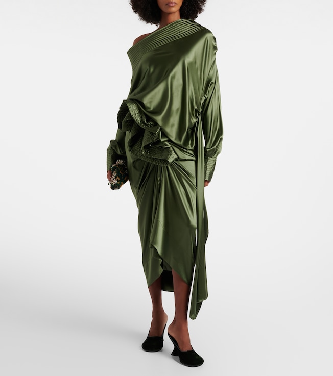 Dries Van Noten Gathered silk-blend satin midi skirt