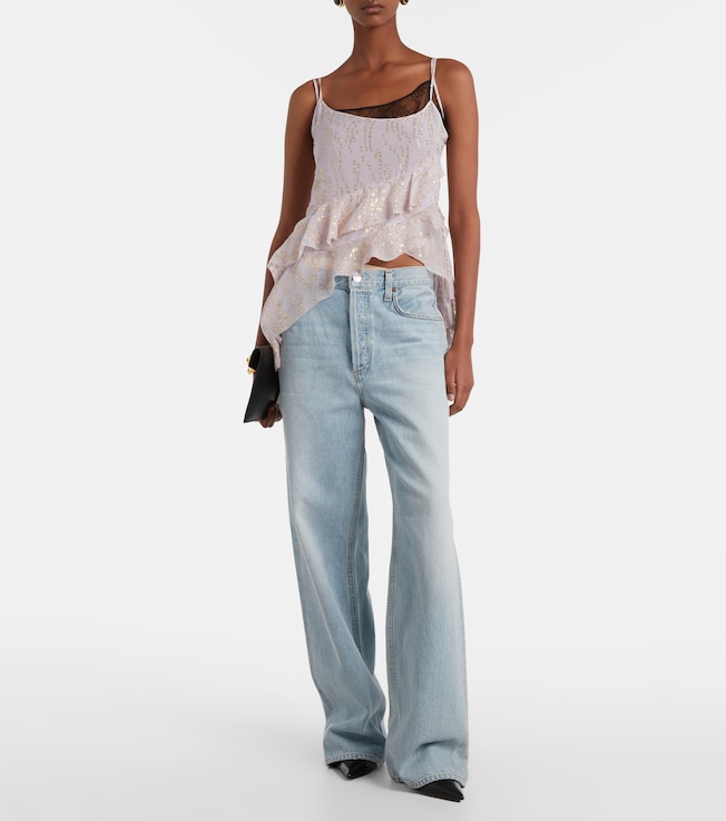 Jacques Wei Printed ruffled asymmetric silk-blend top