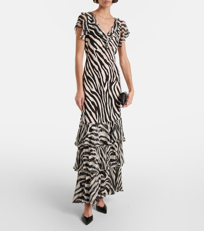 RIXO Amelle zebra-print ruffled silk maxi dress
