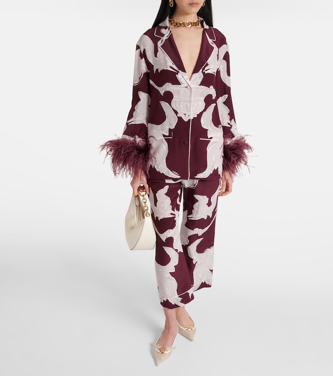 Valentino Printed feather-trimmed silk crêpe de chine blouse