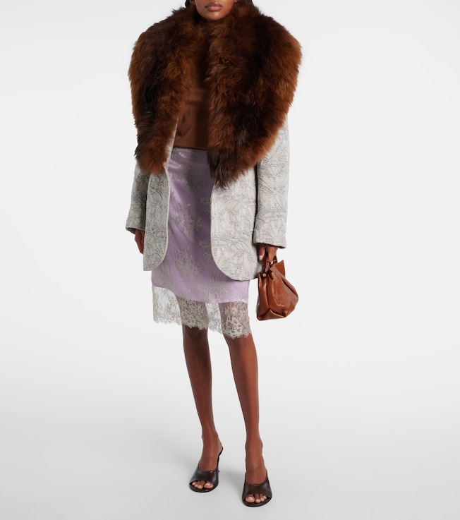 Jacques Wei Embroidered leather-trimmed lace midi skirt