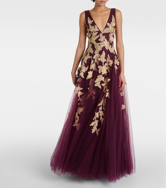 Costarellos Floral appliqué tulle gown