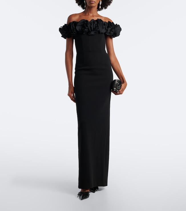 Rebecca Vallance Odetta floral-appliqué off-shoulder crêpe gown