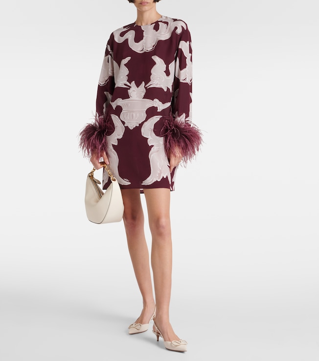 Valentino Printed feather-trimmed silk minidress