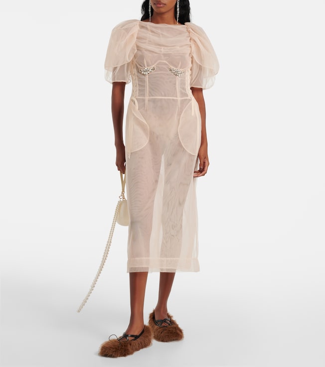 Simone Rocha Embellished ruched mesh midi dress