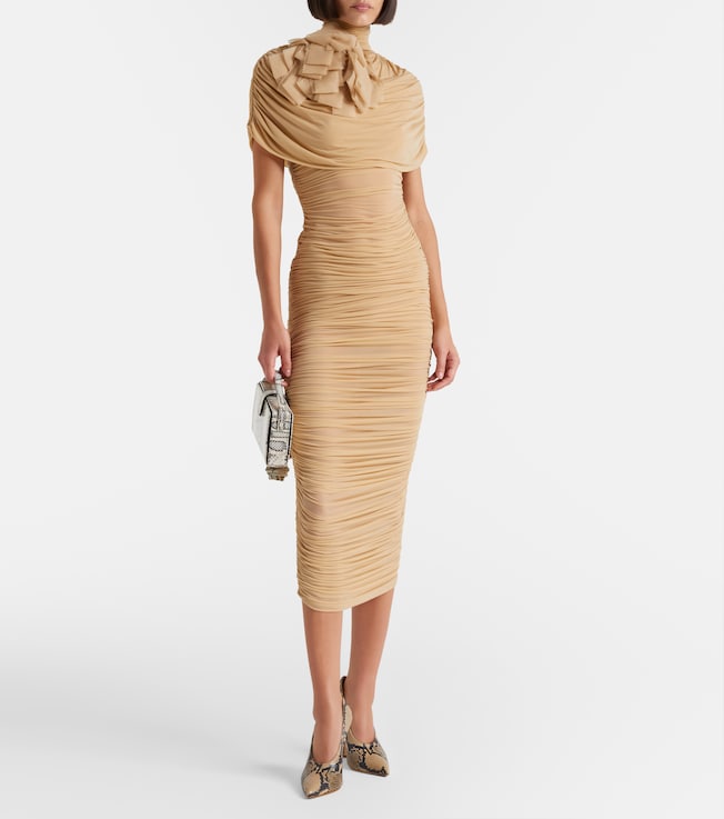 Magda Butrym Floral-appliqué ruched caped jersey midi dress