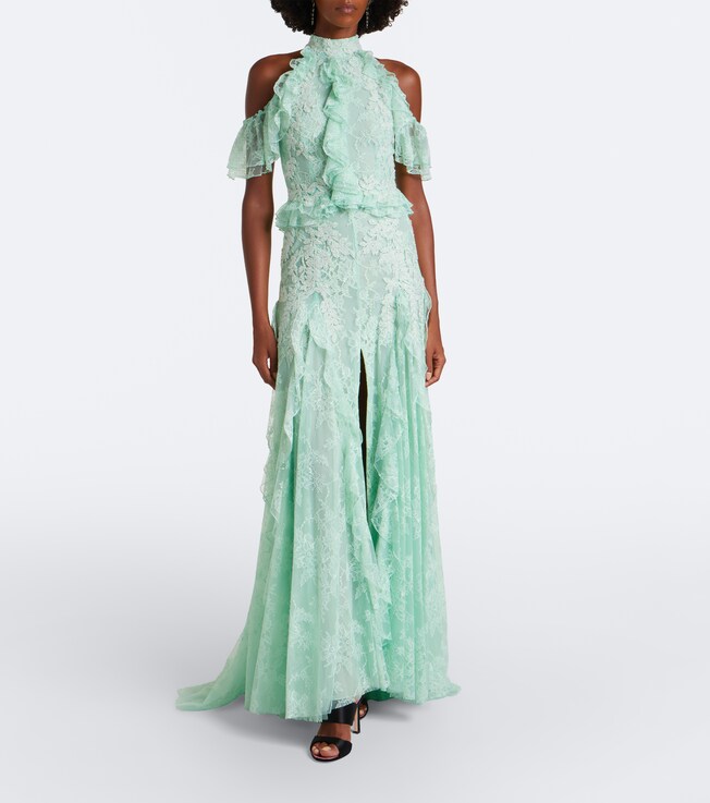 Costarellos Embellished halterneck lace gown