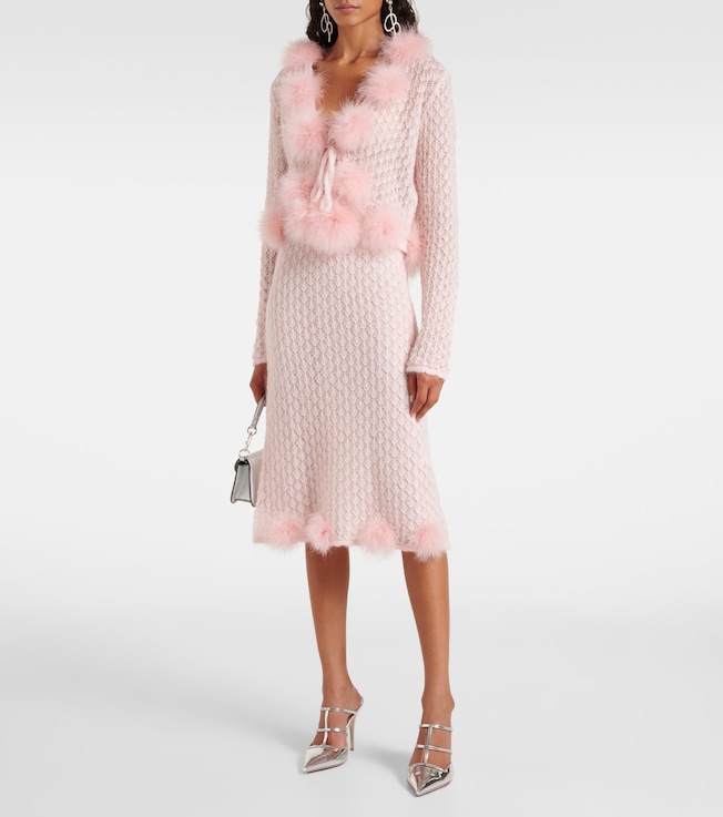 Blumarine Feather-trimmed mohair and wool-blend midi skirt