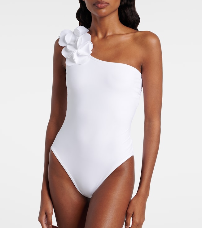 Karla Colletto Tess floral-appliqué one-shoulder swimsuit