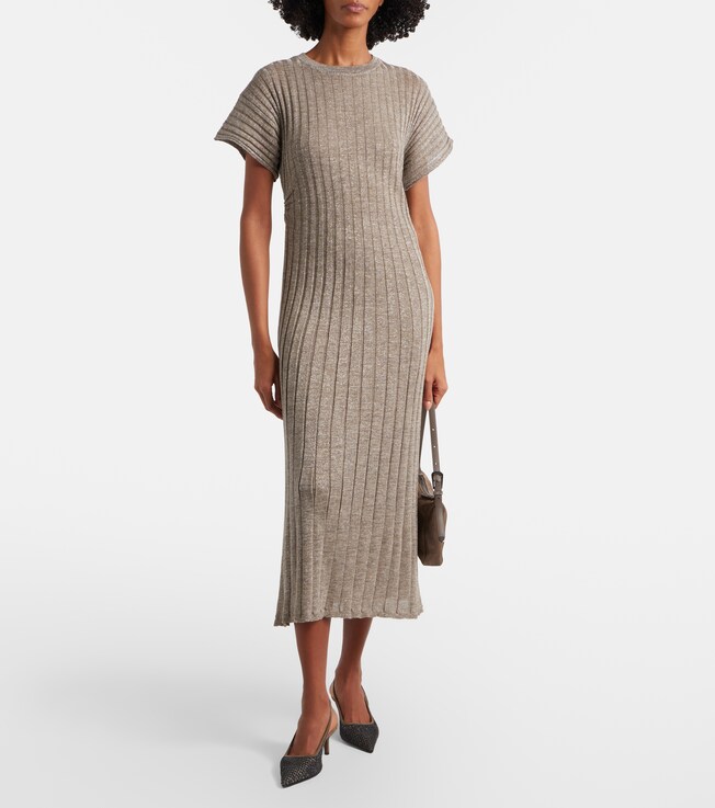 Brunello Cucinelli Ribbed-knit lamé midi dress