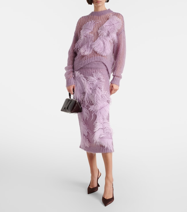 THE ATTICO Feather-trimmed open-knit mohair-blend sweater
