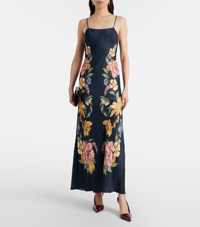 farm rio draped satin maxi dress Draped bead-embellished printed crepe de chine maxi dress - multicolor