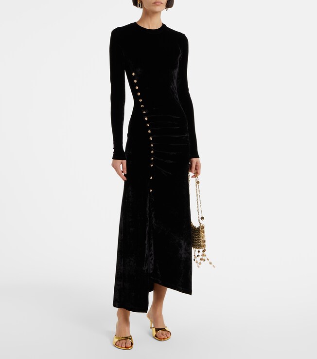 Rabanne Embellished ruched velvet midi dress