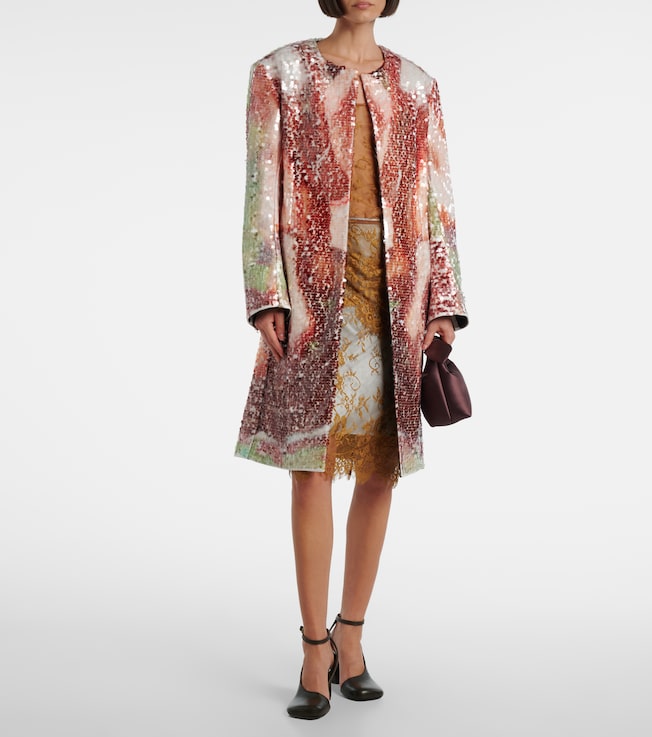 Jacques Wei Embroidered leather-trimmed lace midi skirt