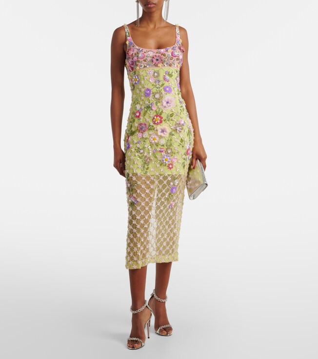 LA FUORI Floral embellished mesh cocktail dress