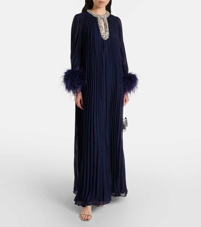self-portrait Plissé feather-trimmed chiffon maxi dress