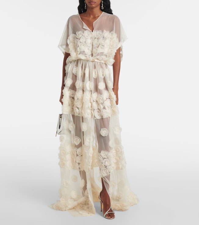 Norma Kamali Floral-appliqué belted sheer gown 