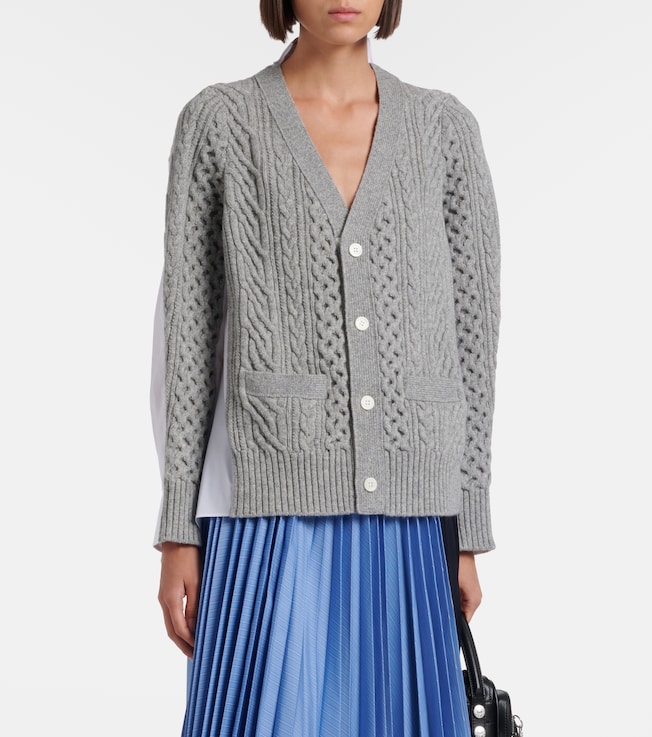 Sacai Cable-knit wool and poplin cardigan