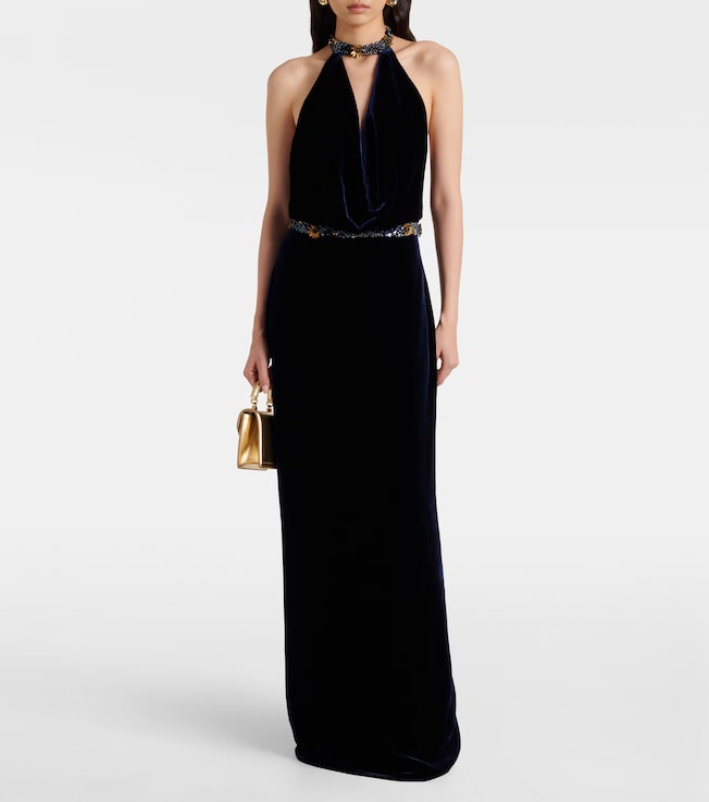 Costarellos Crystal-embellished velvet gown