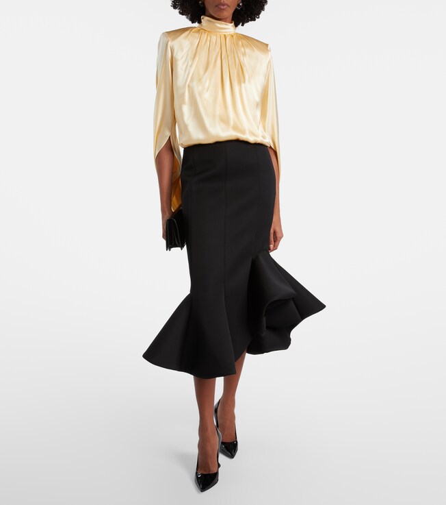 Mugler Asymmetric ruffled wool-blend midi skirt