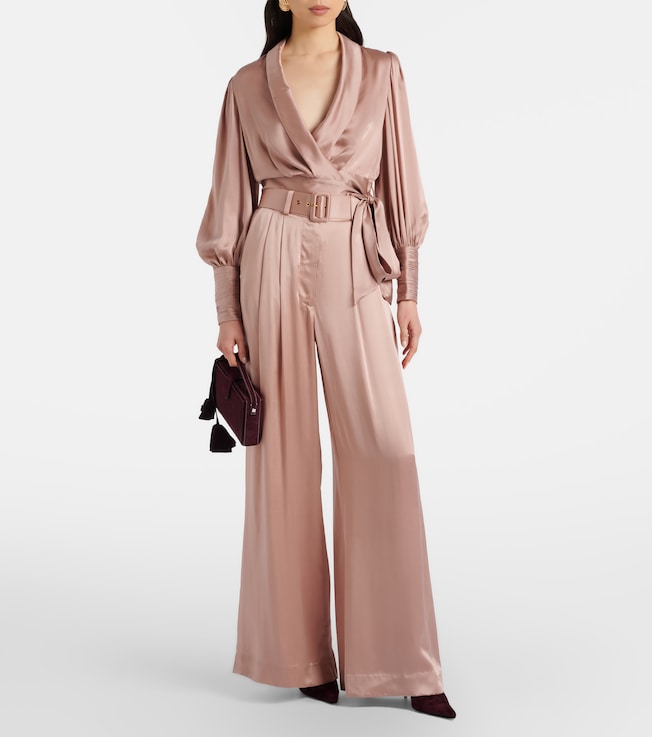 Zimmermann Belted pleated silk satin wide-leg pants