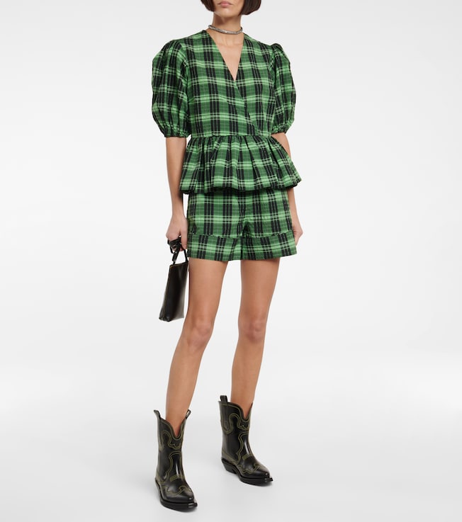 GANNI Checked seersucker shorts