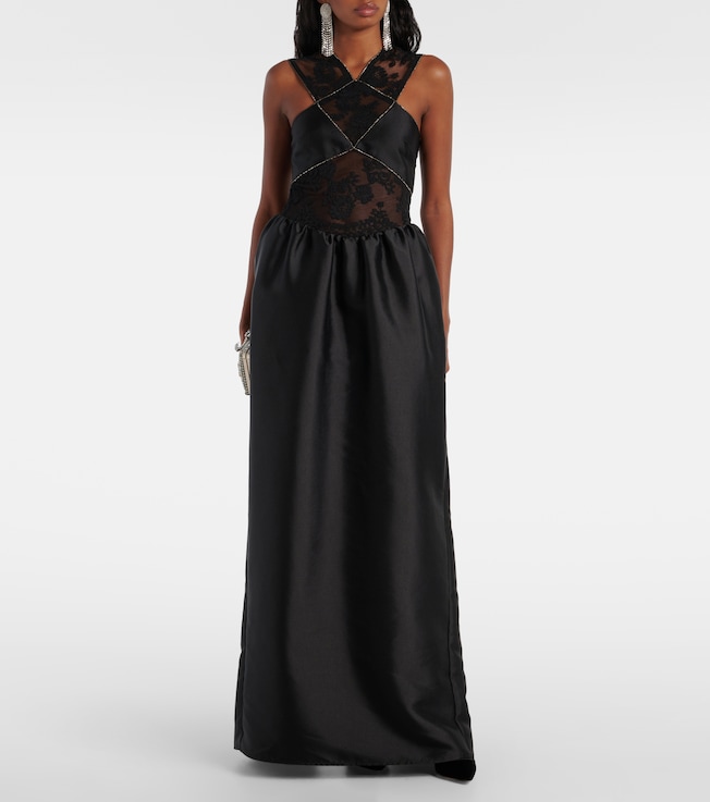 self-portrait Floral lace-trimmed taffeta maxi dress