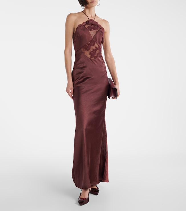 self-portrait Lace-trimmed halterneck satin gown 