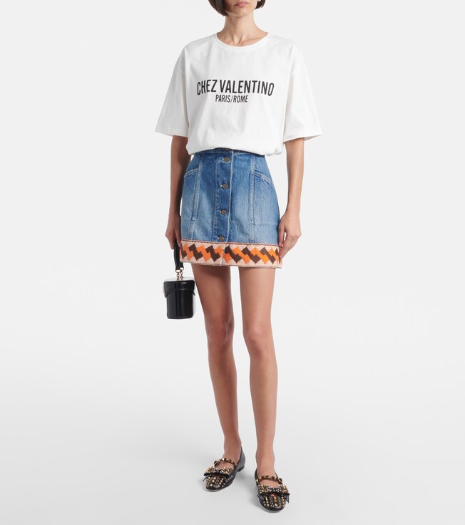 Valentino Jacquard-trimmed denim miniskirt