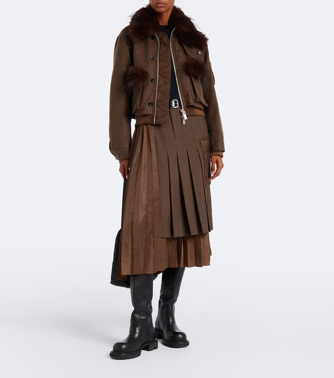 Sacai Layered pleated wool-trimmed midi skirt