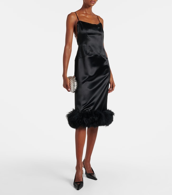 Jacques Wei Shearling-trimmed satin slip dress