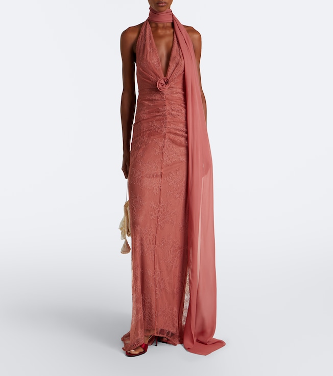 DE LA VALI Amora ruched scarf-detail lace maxi dress