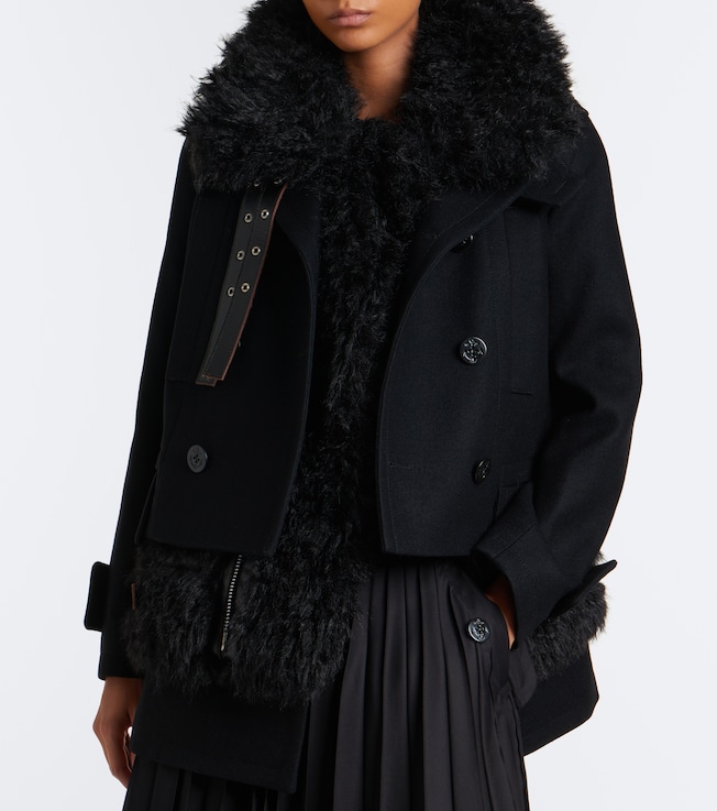 Sacai Layered leather-trimmed wool coat