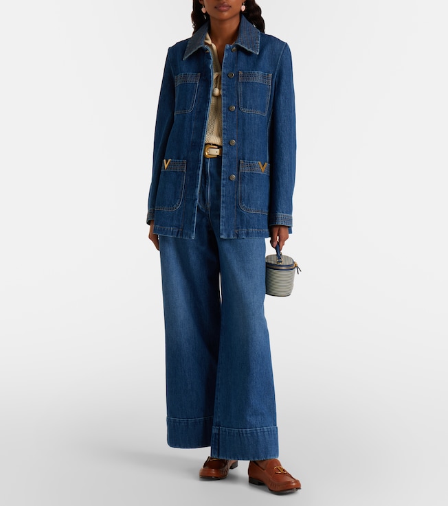 Valentino Leather-trimmed wide-leg jeans