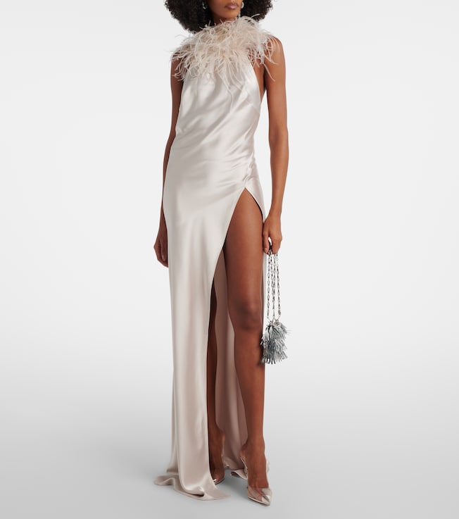 The New Arrivals Ilkyaz Ozel Jazzy feather-trimmed satin gown