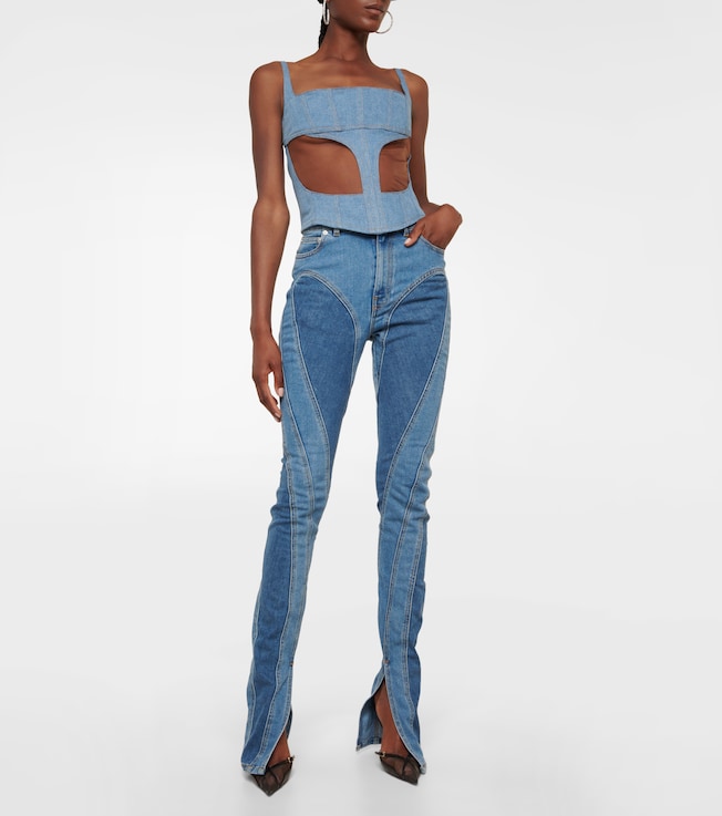 Mugler Denim and mesh corset top