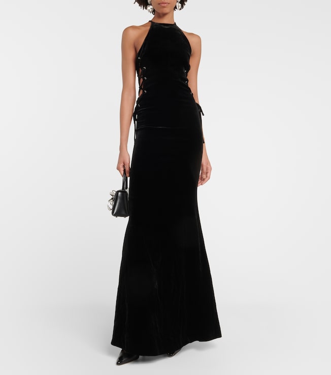 Alessandra Rich Lace-up halterneck velvet gown