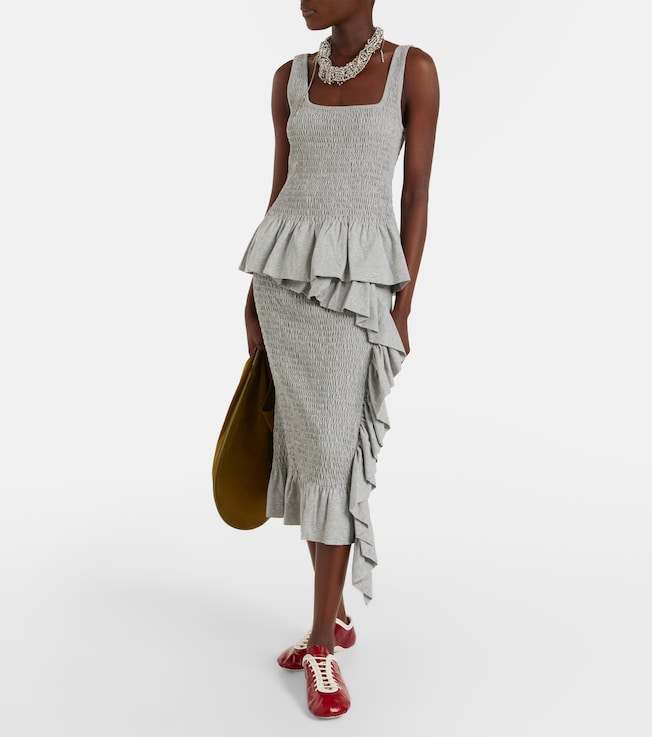 Dries Van Noten Ruffled smocked cotton midi skirt