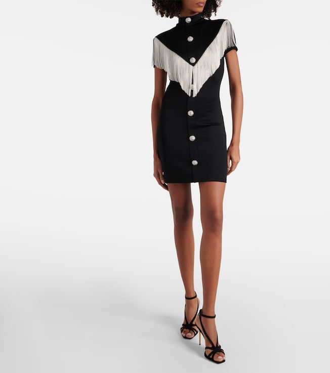 Balmain Embellished fringed jersey minidress