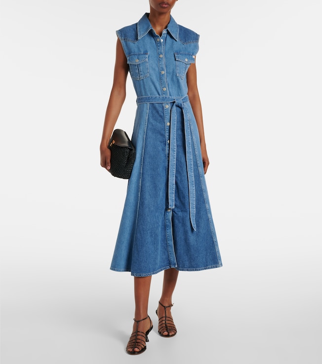 AG Jeans Belted paneled denim midi dress