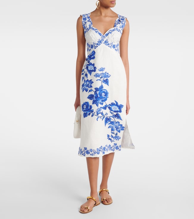 farm rio deep blue palm tree richelieu midi dress Navy Blue Embroidered Richelieu Midi Dress