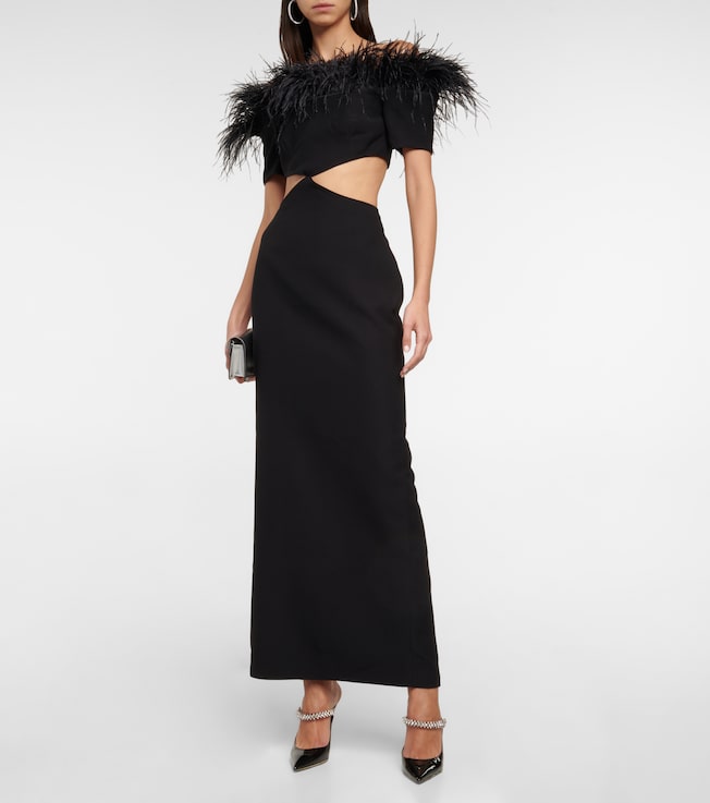 Rasario Feather-trimmed cutout crêpe gown